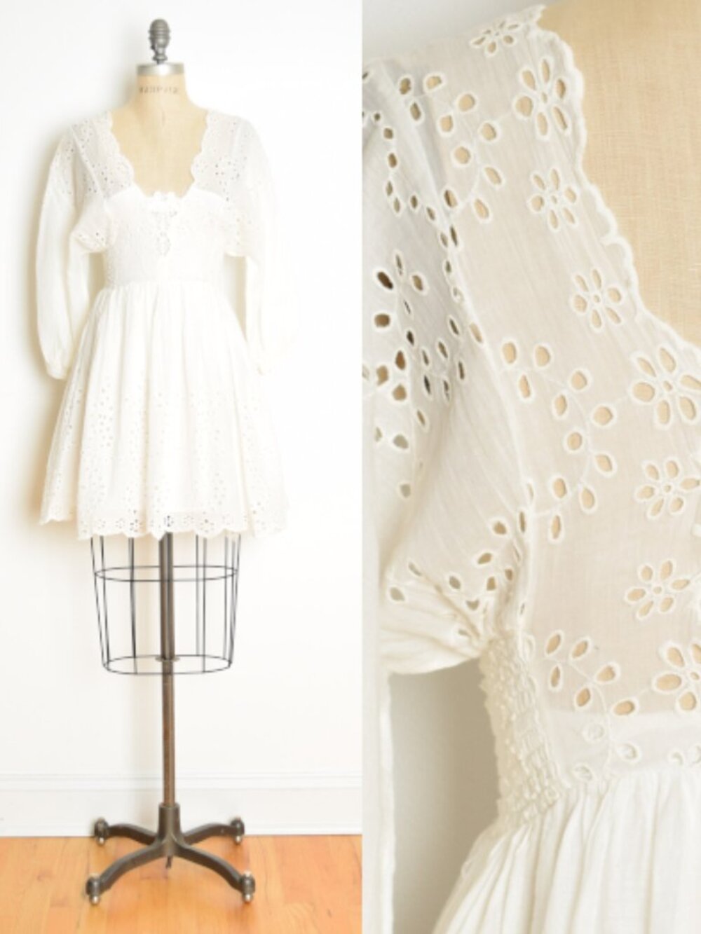 Free People FP One dress cream gauze eyelet boho lace-up mini airy angel XS